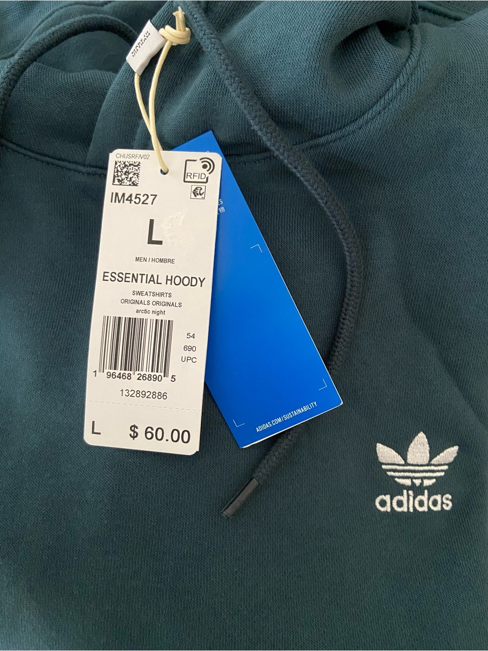 NWT - Adidas Men's Arctic Night Teal Hoodie Sweatshirt - Trefoil Logo - Large - Picture 8 of 14